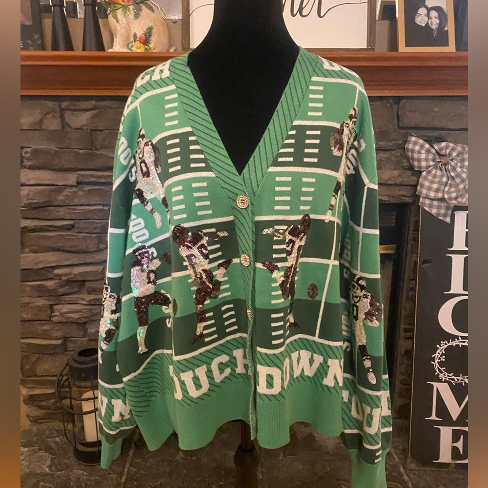 QUEEN OF SPARKLES Green Sequin Football Touchdown Cardigan